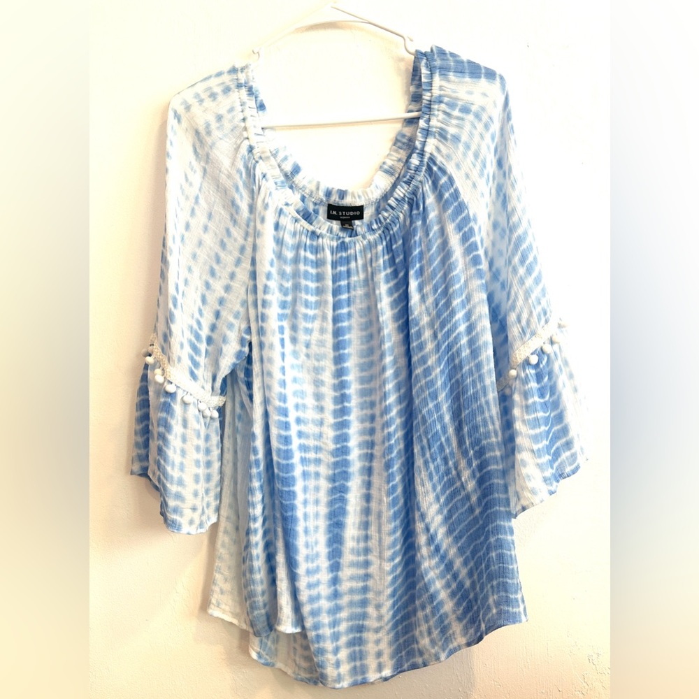 I.N. Studio Sheer Tie Dye Blue and White Women's Top Size 3XL NWT